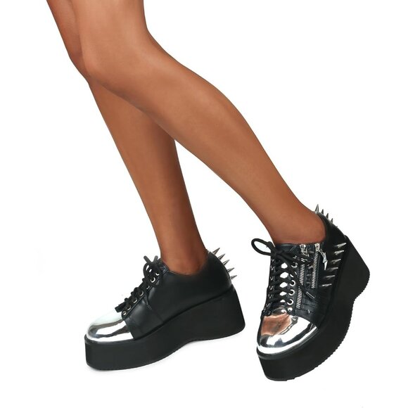 ⚡Women's Black Silver Studs Chrome Plated Toe Cap Platform Wedges Boots - Picture 4 of 8